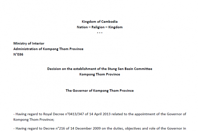 Decision on the establishment of the Stung Sen basin Kampong Thom Province – updated in January 2019