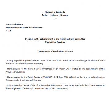 Decision on the establishment of the Stung Sen Basin Committee Preah Vihea Province – updated in January 2019