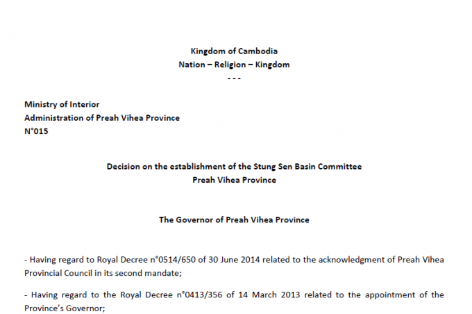Decision on the establishment of the Stung Sen Basin Committee Preah Vihea Province – updated in January 2019